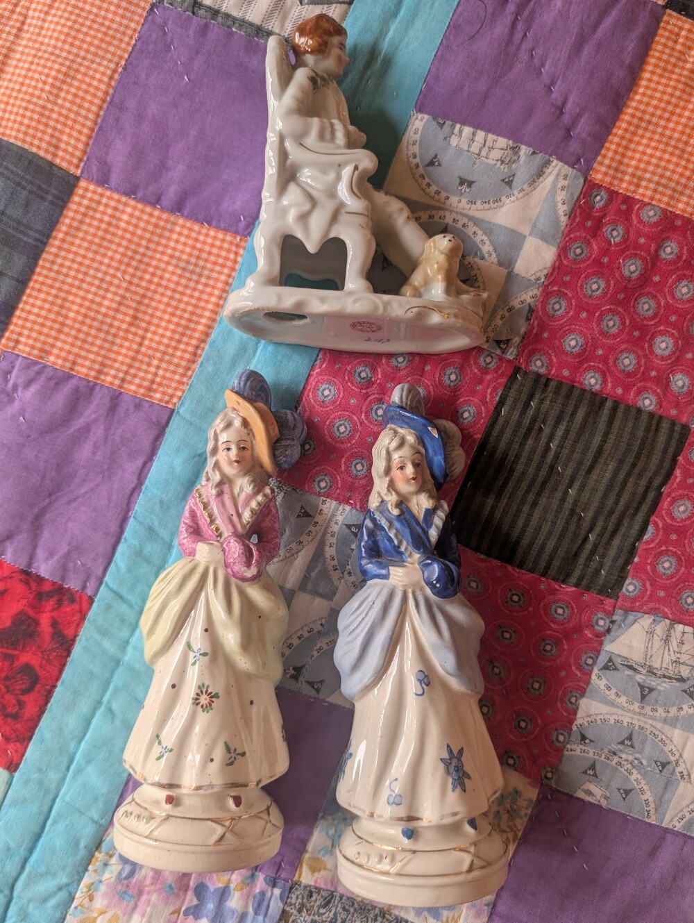 Victorian ladies figurine pair, colonial man w dog bookend, made in Japan - Picture 2 of 9